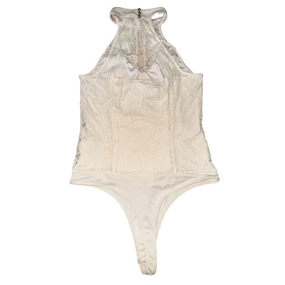 Bebe Lace Mock Neck Thong Bodysuit Large Ivory White Sexy Y2K Rock Victorian Top - Picture 2 of 9